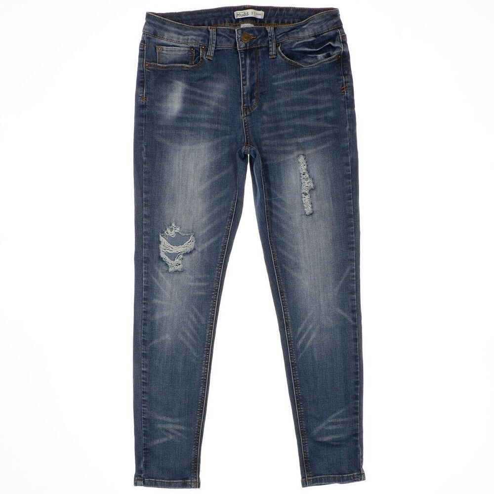 Mudd Jeans Juniors 9 Skinny Ankle Distressed Blue Denim Stretch Measure 29x25.5